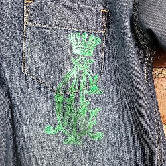 Christian Audigier Kids Chambray Button-up Short Sleeve Graphic Shirt 12 - Picture 4 of 13